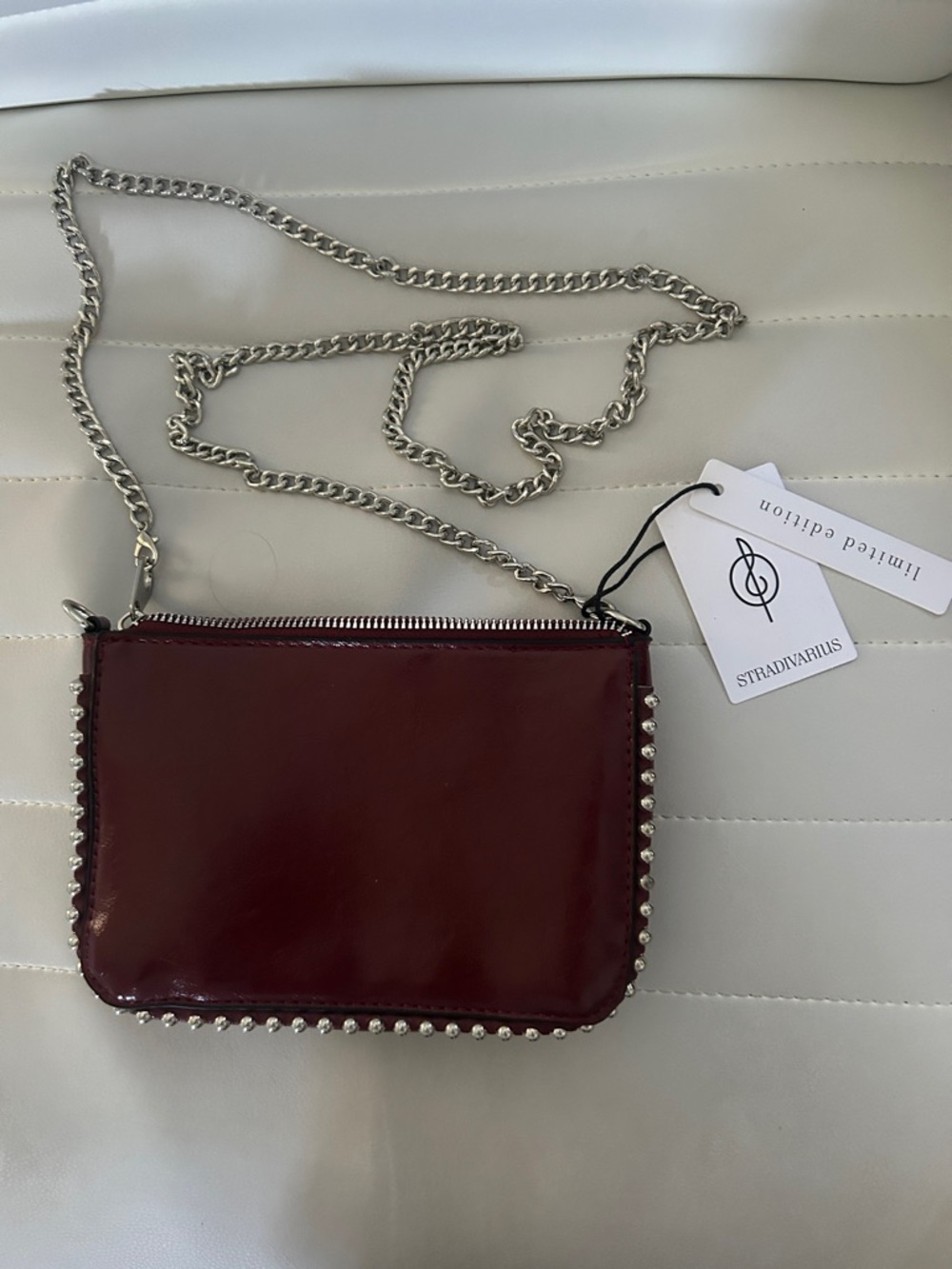 Stradivarius Burgundy Patent Crossbody with Silver Chain